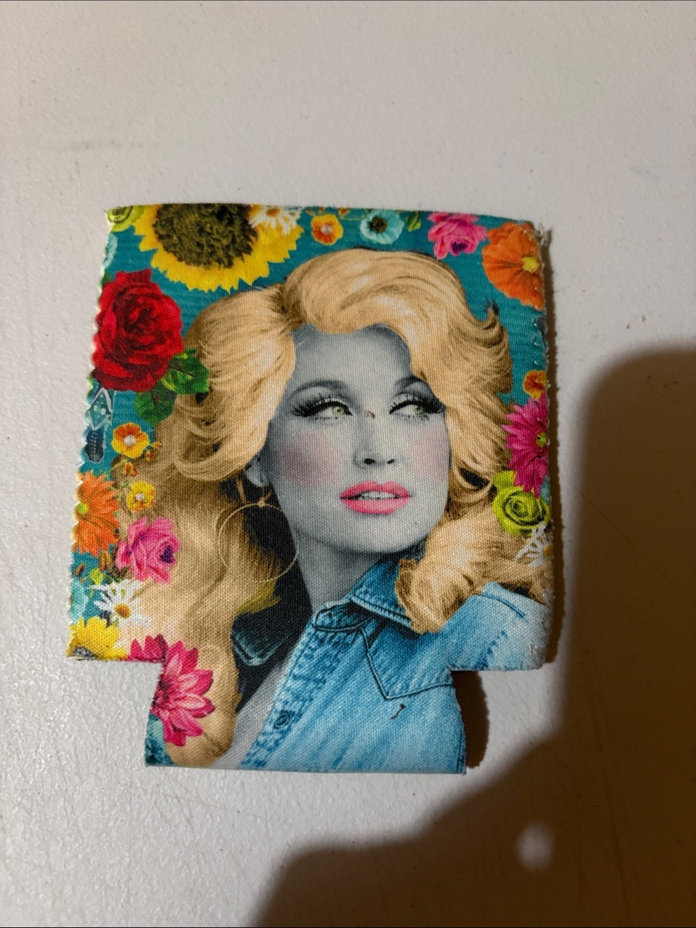 Floral Denim Collage Can Cooler - Dolly Parton Cousy